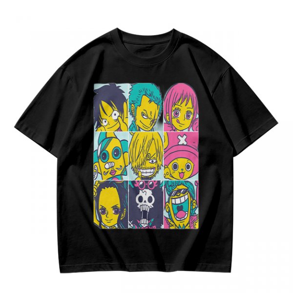 Olive T-shirt with One Piece x Simpsons Style Character Grid Print