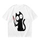 Olive T-shirt with a black cartoon cat holding a bloodied knife