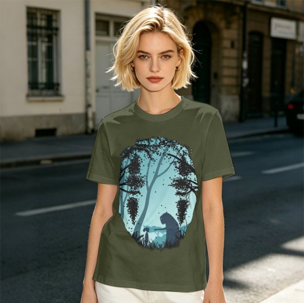 Olive T-Shirt With Silhouetted Forest Scene And Two Figures