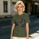 Olive Green T-Shirt With Playful Black Cat Graphic Print