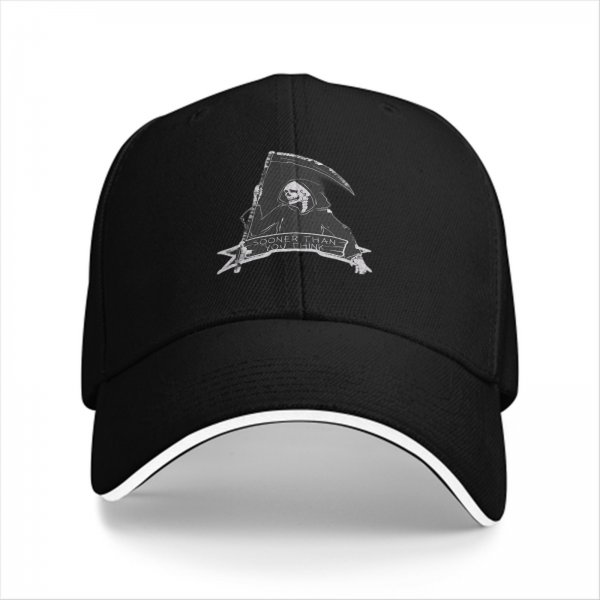 Black baseball cap with grim reaper graphic and 'Sooner Than You Think' text