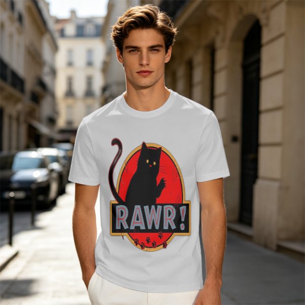 Olive T-Shirt With Black Cat Rawr Dinosaur Parody Graphic