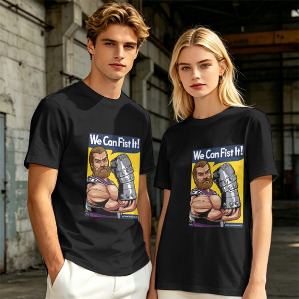 Olive graphic t-shirt with We Can Fist It! armored warrior print