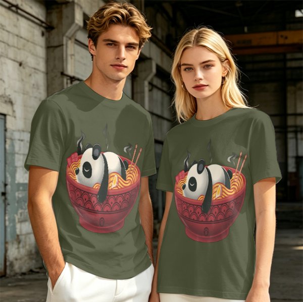 Olive green t-shirt with a panda relaxing in a steaming ramen bowl print