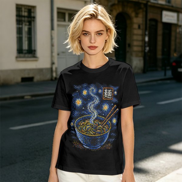Olive t-shirt with starry night ramen bowl graphic