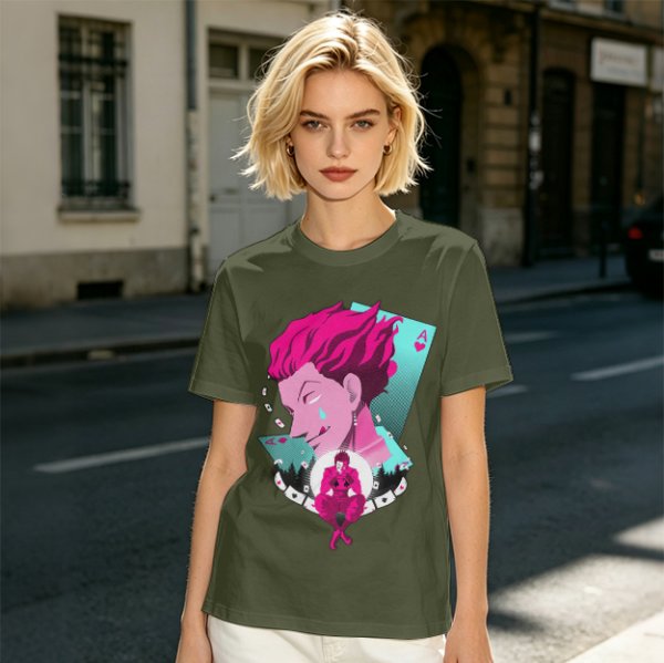Olive T-shirt with Hisoka Anime Character and Ace of Hearts Print