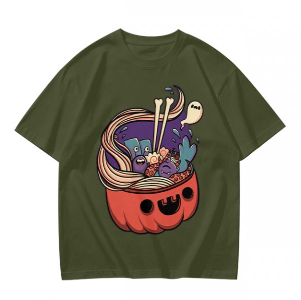 Halloween pumpkin ramen bowl with cute monster graphic t-shirt