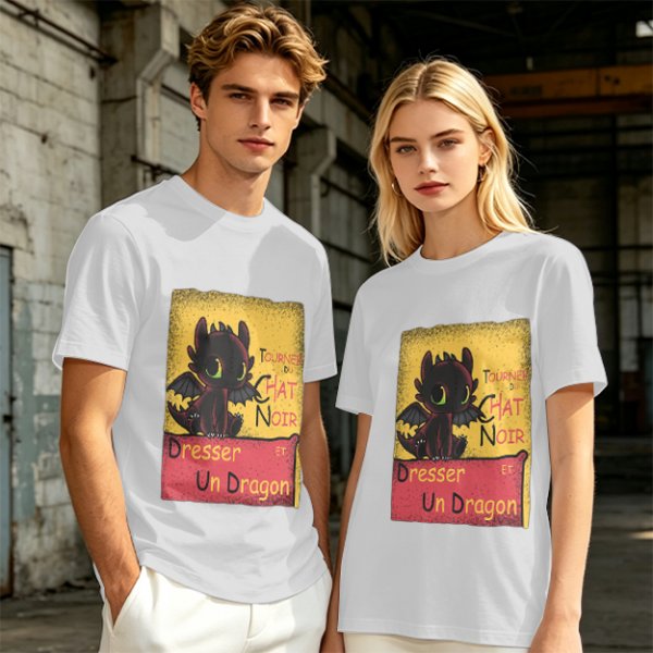 Olive t-shirt featuring Toothless dragon and Chat Noir themed text