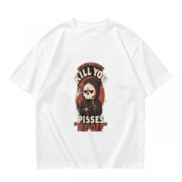 Olive t-shirt with grim reaper graphic and provocative text
