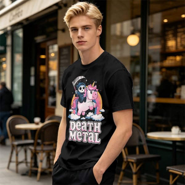 Olive t-shirt with cute grim reaper riding unicorn and death metal graphic