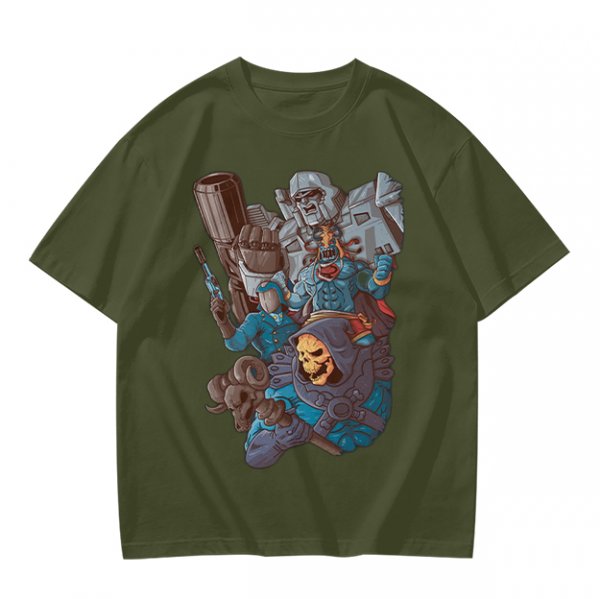 Olive T-shirt with 80s villain cartoon characters print