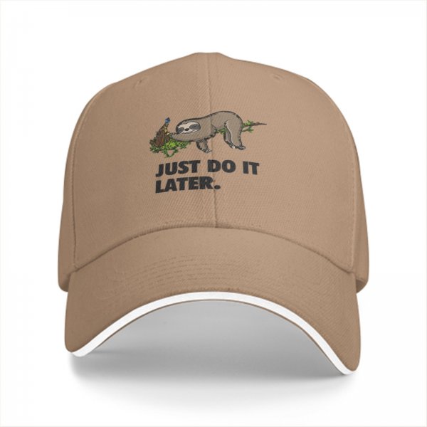 Black baseball cap with sloth graphic and 'Just Do It Later' text