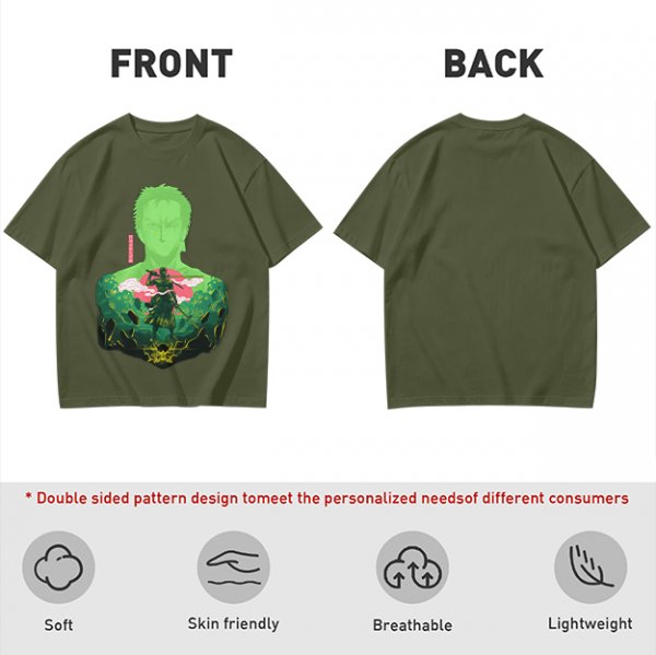 Olive Anime T-Shirt With Samurai Warrior Silhouette Art