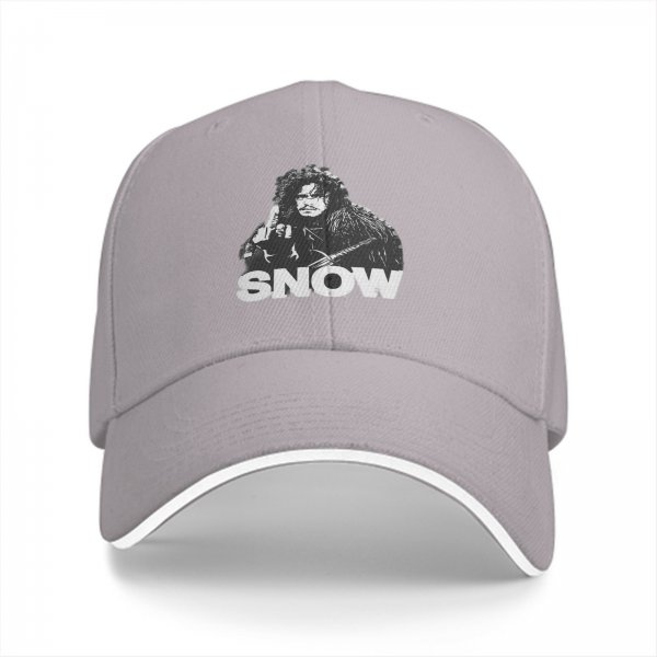 Black baseball cap with Jon Snow graphic and SNOW text