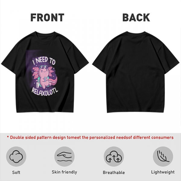 Olive t-shirt with axolotl 'I need to relaxolotl' graphic