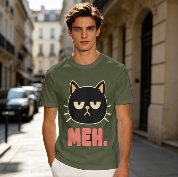 Olive T-Shirt With Grumpy Black Cat Meh Graphic Print