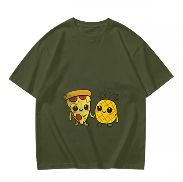 Olive T-Shirt with Cute Pizza and Pineapple Holding Hands Print