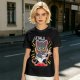 Olive green graphic t-shirt with a cartoon metal cat playing guitar