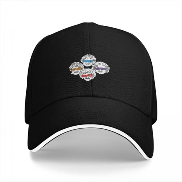 Black baseball cap with four stylized older women wearing colored visors