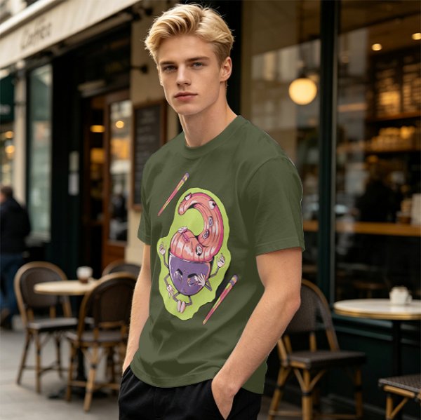 Olive Green T-Shirt With Surreal Monster Graphic Print