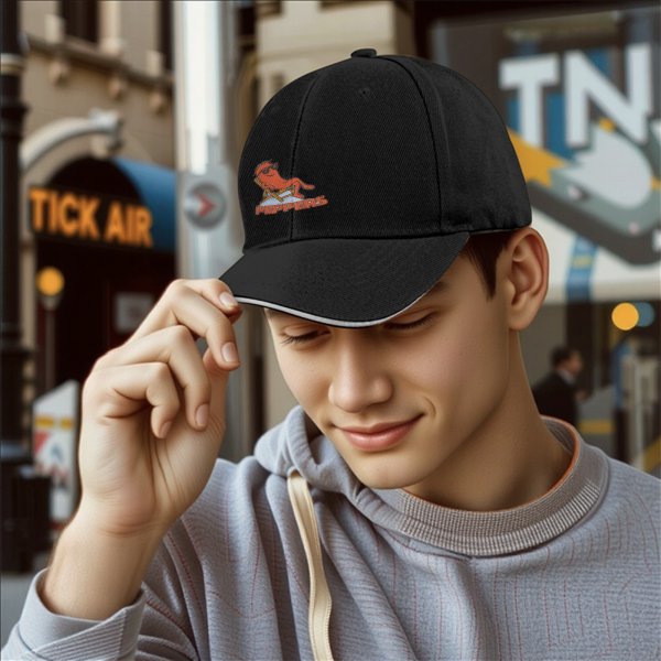 Black baseball cap with a relaxed cartoon pepper graphic and text