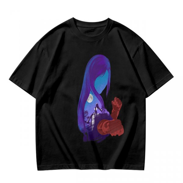 Olive T-Shirt With Purple Haired Figure Night Scene Print