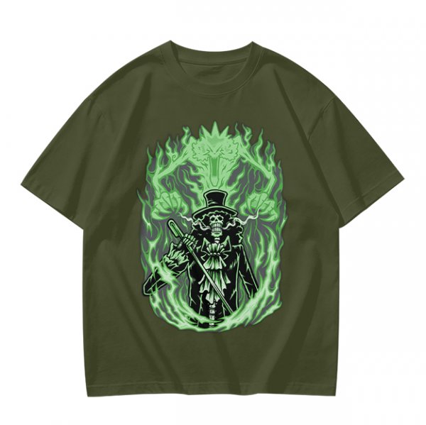 Olive T-Shirt With Skeleton Gentleman And Green Flames Art