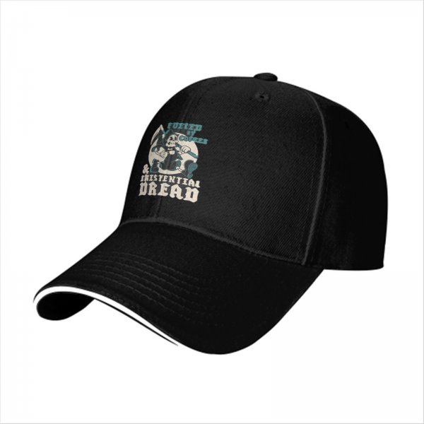 Black baseball cap with 'Fueled by Coffee & Existential Dread' grim reaper graphic