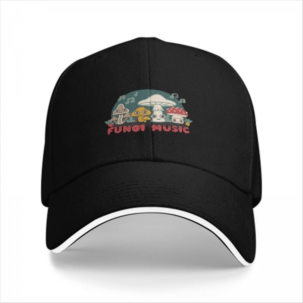 Black baseball cap with cute fungi music graphic design