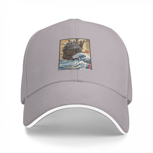 Black Baseball Cap with Japanese Wave and Ship Art Print