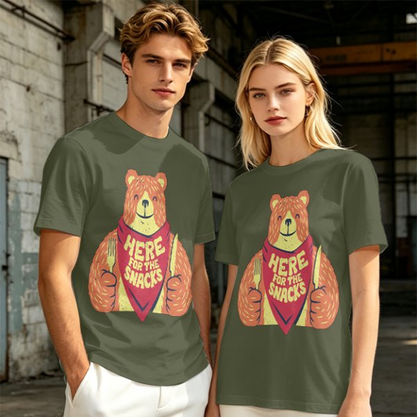Olive T-Shirt With Happy Bear Holding Fork And Knife Here For Snacks Print