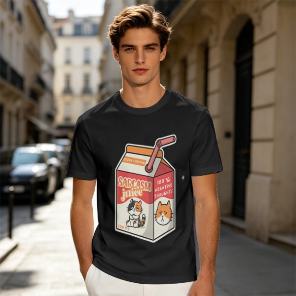 Olive green t-shirt with sarcasm juice carton and grumpy cat print
