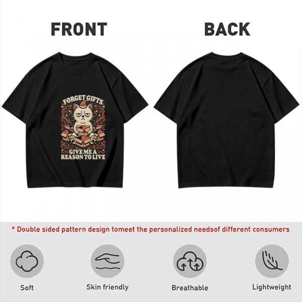 Olive t-shirt with grumpy cat holding boxes and text 'Forget Gifts Give Me A Reason To Live'