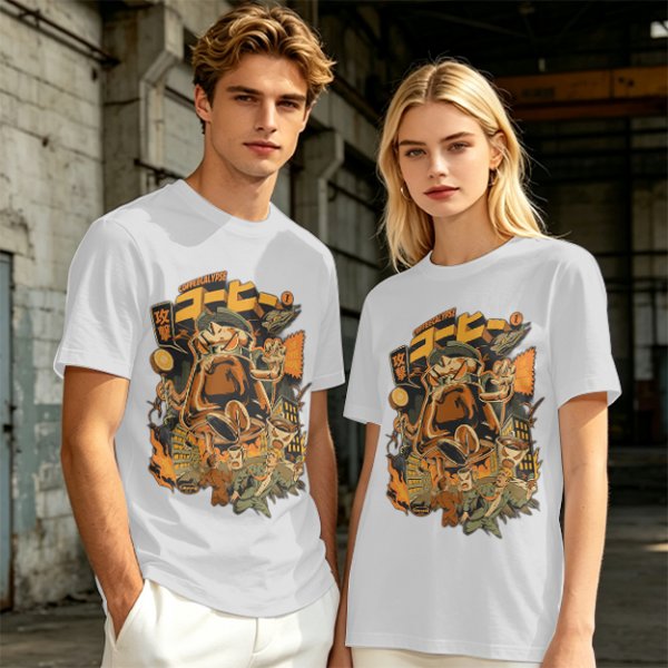 Olive Green T-Shirt with Retro Coffee Monster Graphic Print