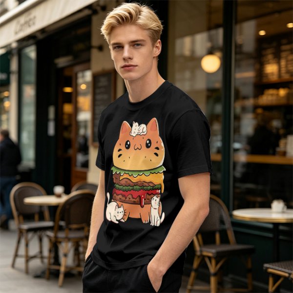 Olive T-Shirt With Cute Cat Burger And Kittens Print