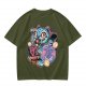 Olive T-Shirt With Maneki-Neko Sabertooth Cat And Crow Art