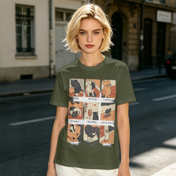 Olive T-Shirt with 9 Grid Cute Cat Illustrations Print