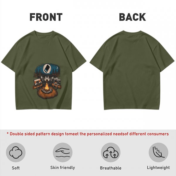 Oversized Army Green T-Shirt With Funny Tech Campfire Graphic