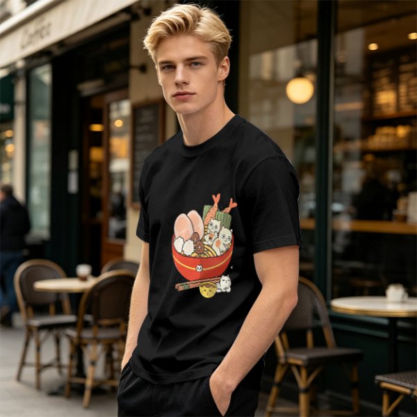 Olive T-Shirt With Cute Cat Ramen Bowl Graphic Print