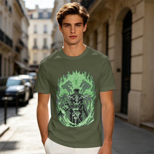 Olive T-Shirt With Skeleton Gentleman And Green Flames Art