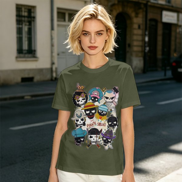 Olive T-Shirt With Pirate Squad Skull Character Print