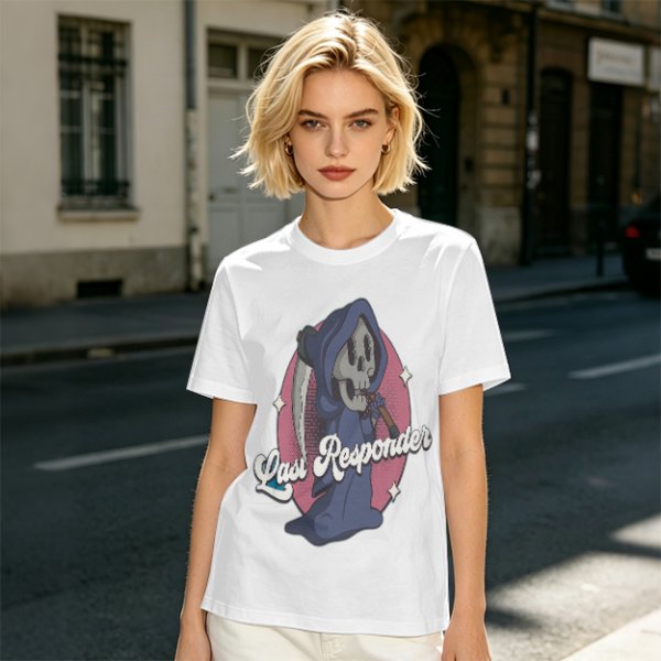 Olive T-Shirt with Cartoon Grim Reaper 'Last Responder' Print