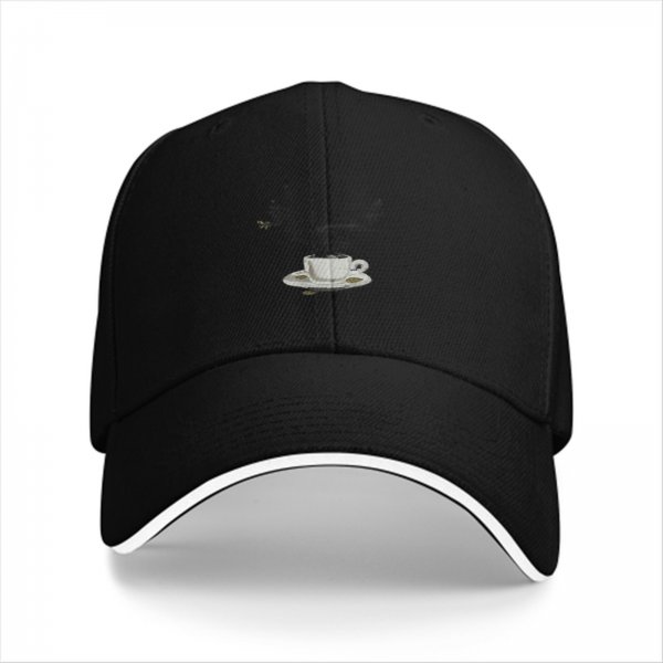 Black Baseball Cap with Coffee Cup and Saucer Graphic