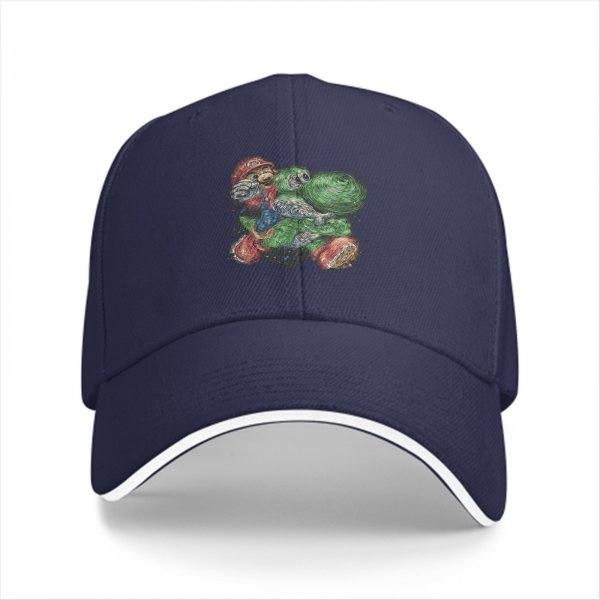 Black Baseball Cap With Artistic Mario And Green Turtle Print