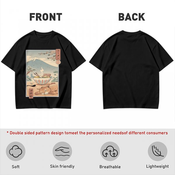 Olive t-shirt with ukiyo-e style ramen cat and Mount Fuji print