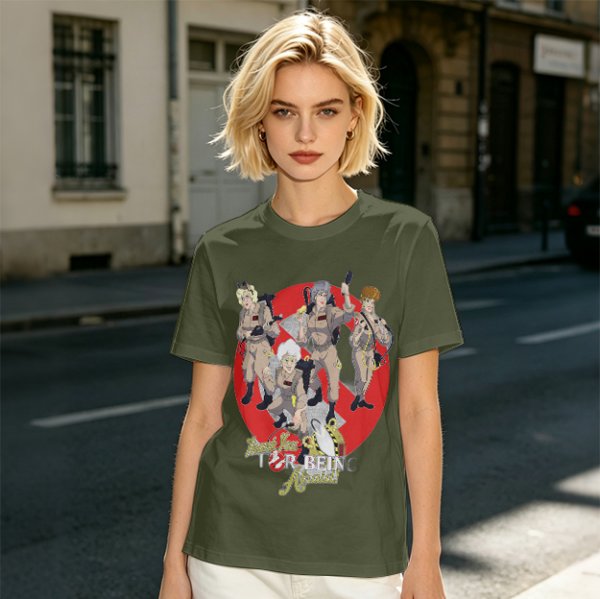 Olive T-shirt with Ghostbusters parody female character graphic print