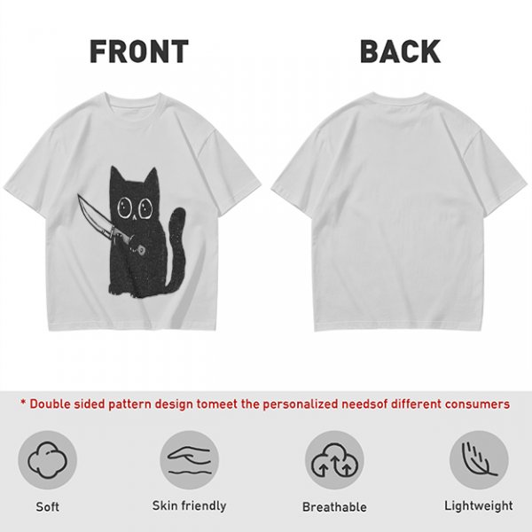 Olive T-Shirt With Cute Black Cat Holding Knife Graphic