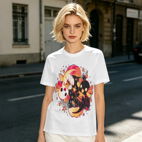 Olive T-Shirt with Halloween Axolotl Candy Corn Art