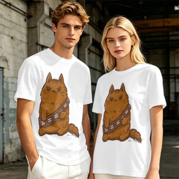 Olive green t-shirt with a grumpy cat in a Chewbacca-style bandolier print