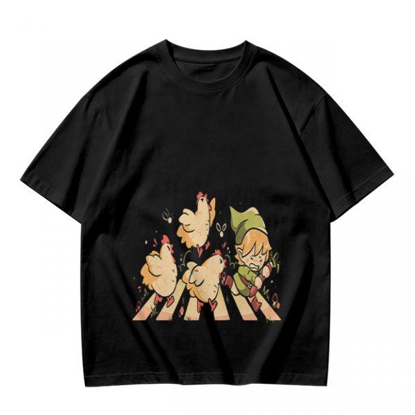 Olive Green T-Shirt With Chasing Chickens And Elf Character Print